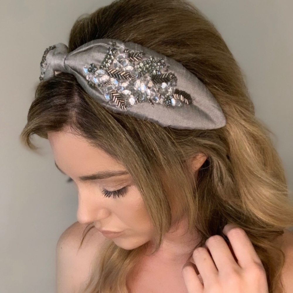Silver Gray Statement Beaded Embroidered Headband